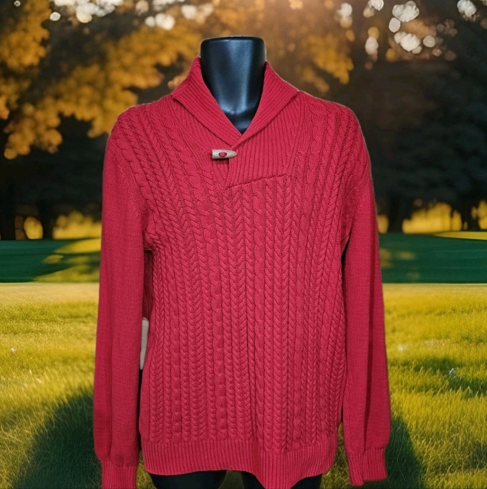 Sean John Sweater Mens Medium Red Long Sleeve Ribbed Pullover Shawl Collar READ